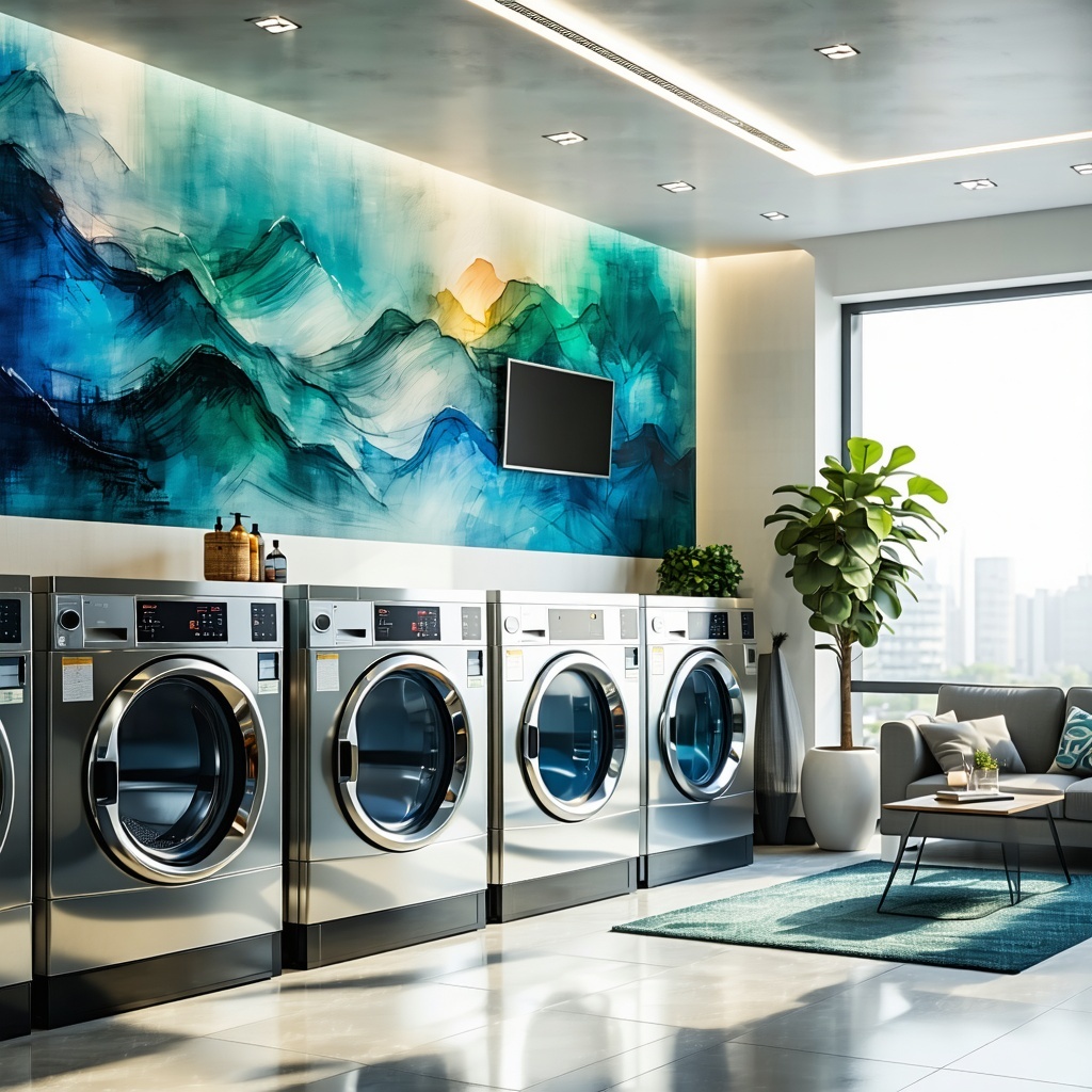 A bright modern laundry room features sleek coin and cardoperated washing machines and dryers lined up against a freshly painted wall The machines are stainless steel gleaming under soft overhead lighting A large window allows natural light to flood