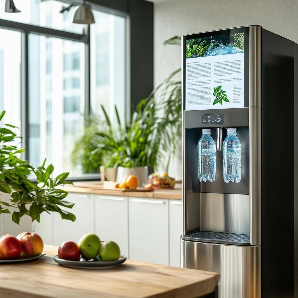 A modern office kitchen showcases a sleek, bottleless water cooler standing against a backdrop of minimalist cabinetry and green potted plants