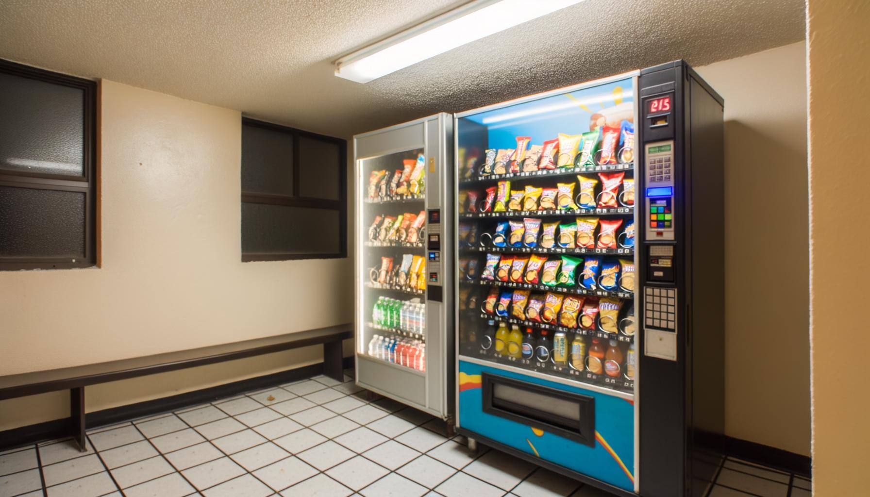 A vending machine located in an apartment complex laundry room filled with various snacks and drinks