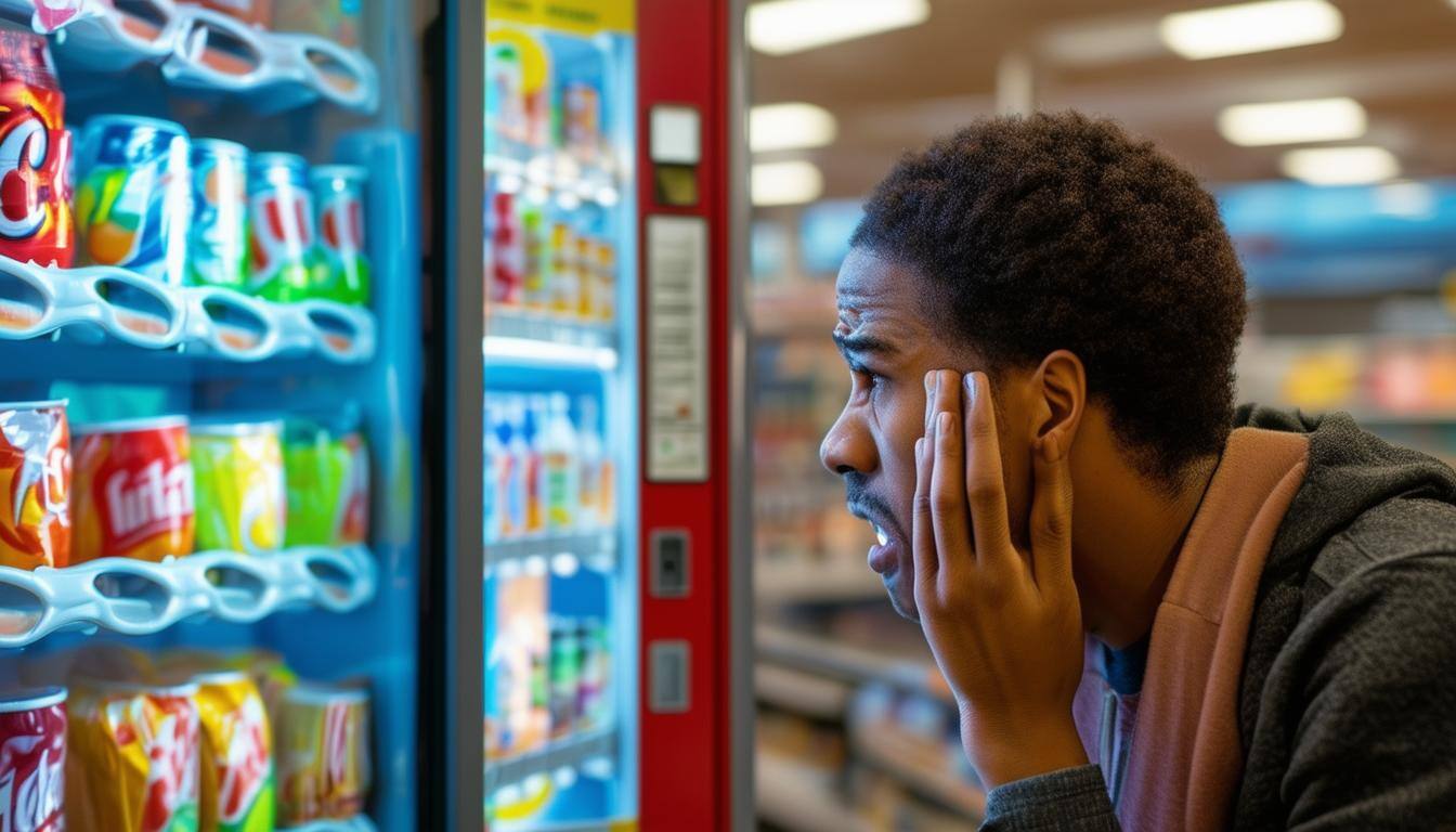 AN image of a person frustrated with a vending machine because it took their money but they didnt receive the product