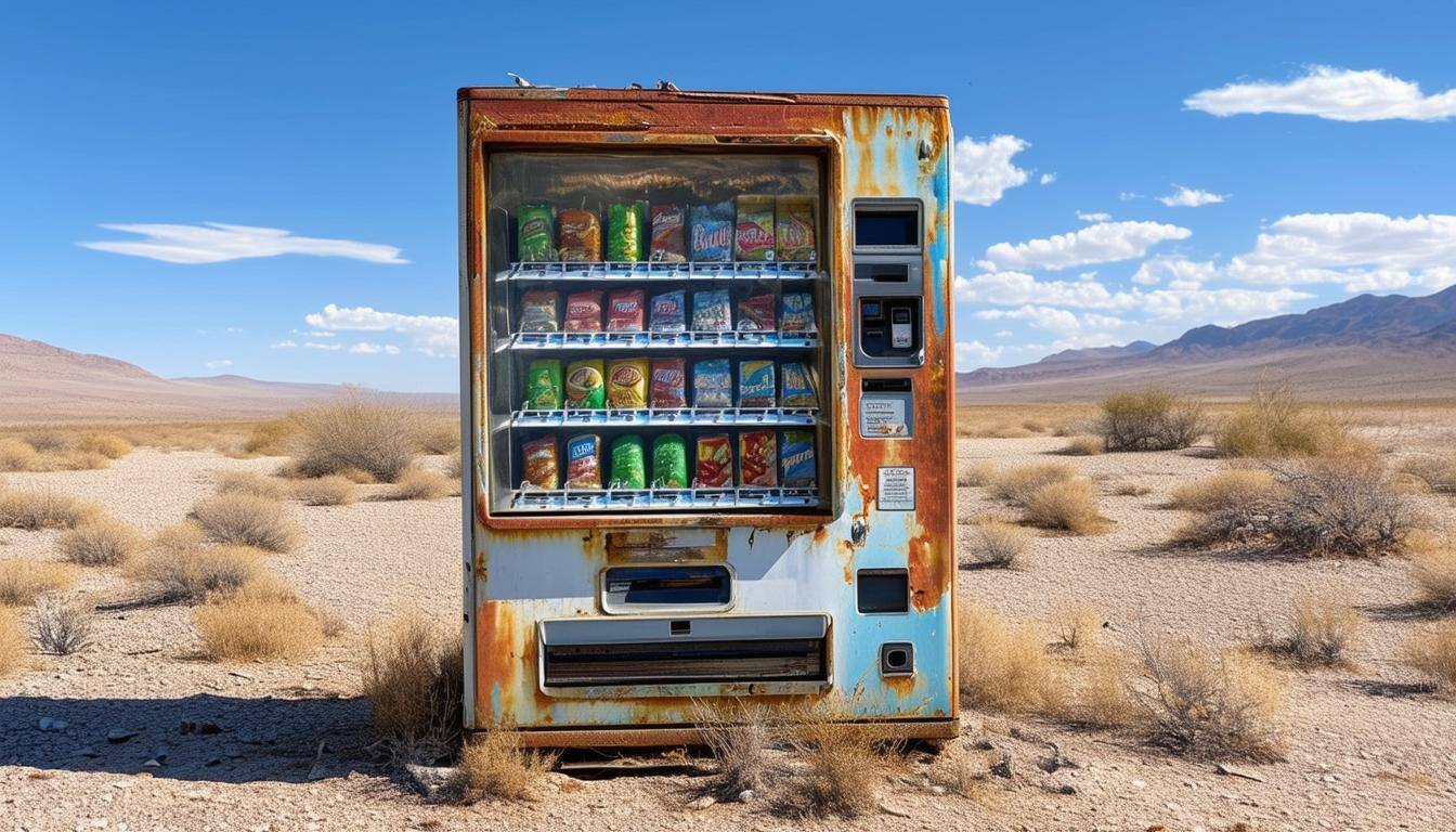 An Old and rundown vending machine in a desert setting-2