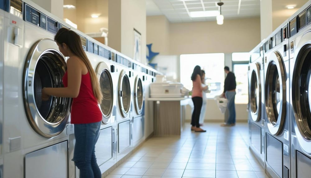 People using the hotel laundry service room.