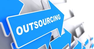 Outsourcing - Business Background. Blue Arrow with "Outsourcing" Slogan on a Grey Background. 3D Render..jpeg