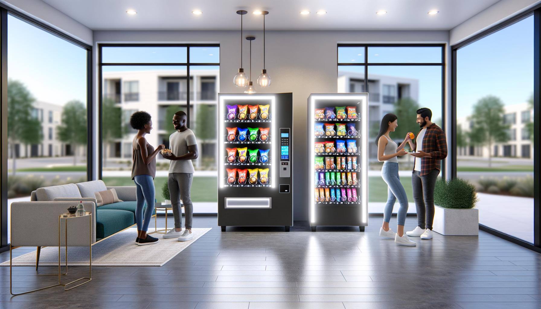 A sleek, modern vending machine stands in the center of the image, bathed in bright LED lights that showcase its variety of snacks and beverages, all 